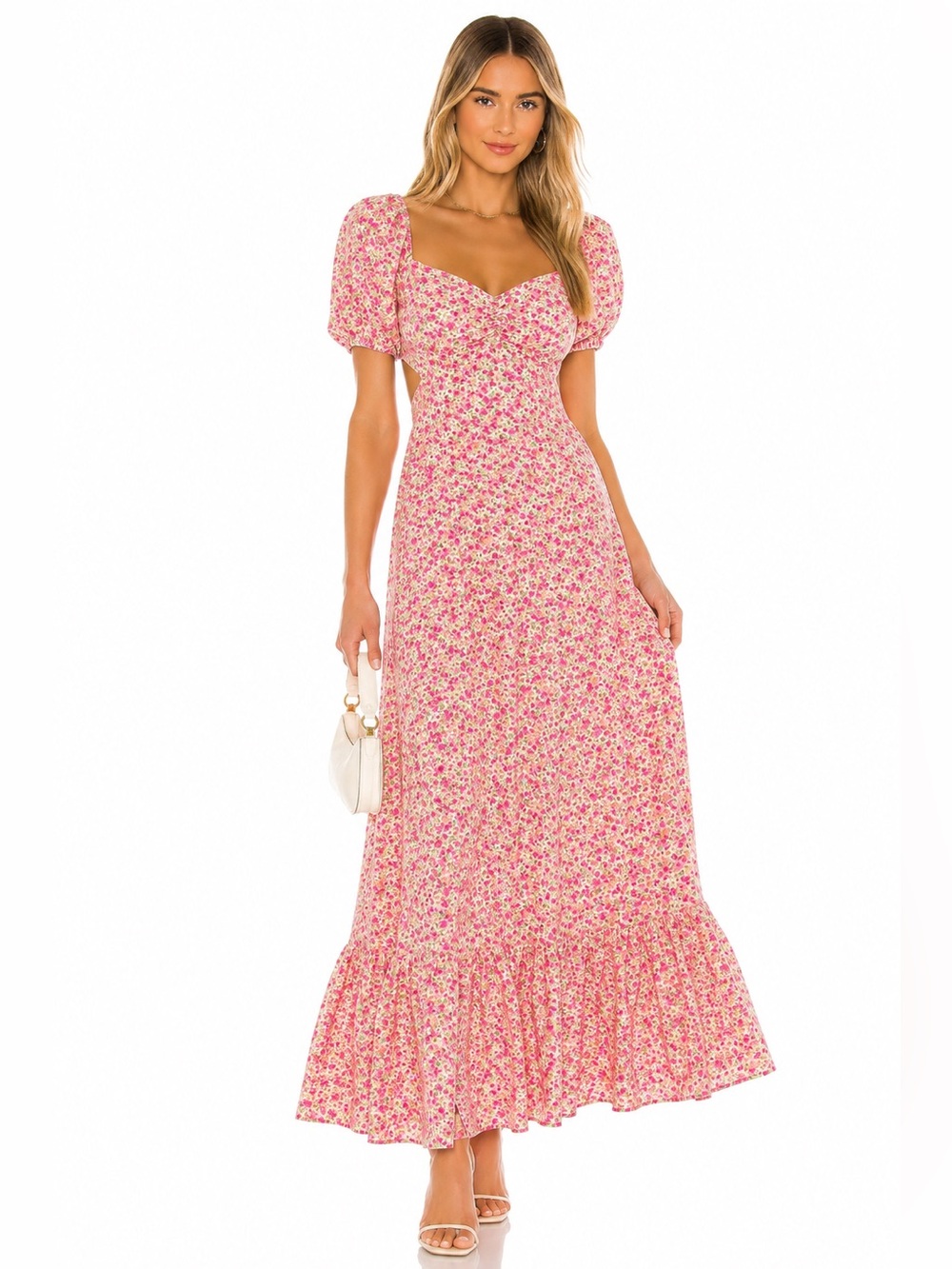 Blu peper  Pink Floral Puff Sleeve Open Back Maxi Dress Size M